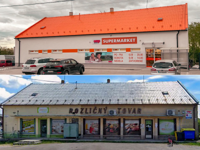 Vynovená COOP Jednota v Hrnčiarovciach nad Parnou. Kedysi a dnes. Oranžová strecha je neprehliadnuteľná. | Foto: Pavol Holý, Trnavské rádio, Street View